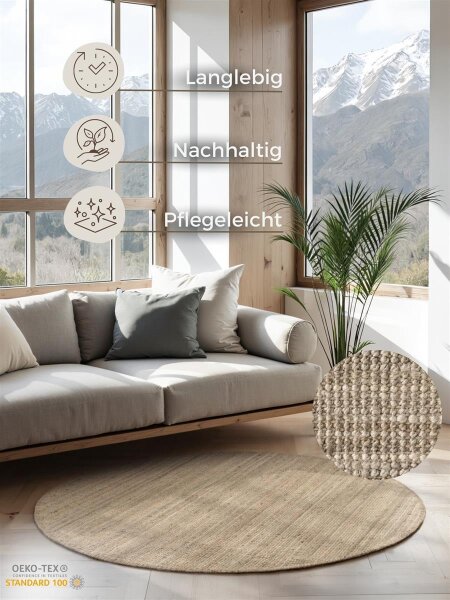 Hanse Home Bouclé Jute Teppich Jaipur Natur Graubraun Rund